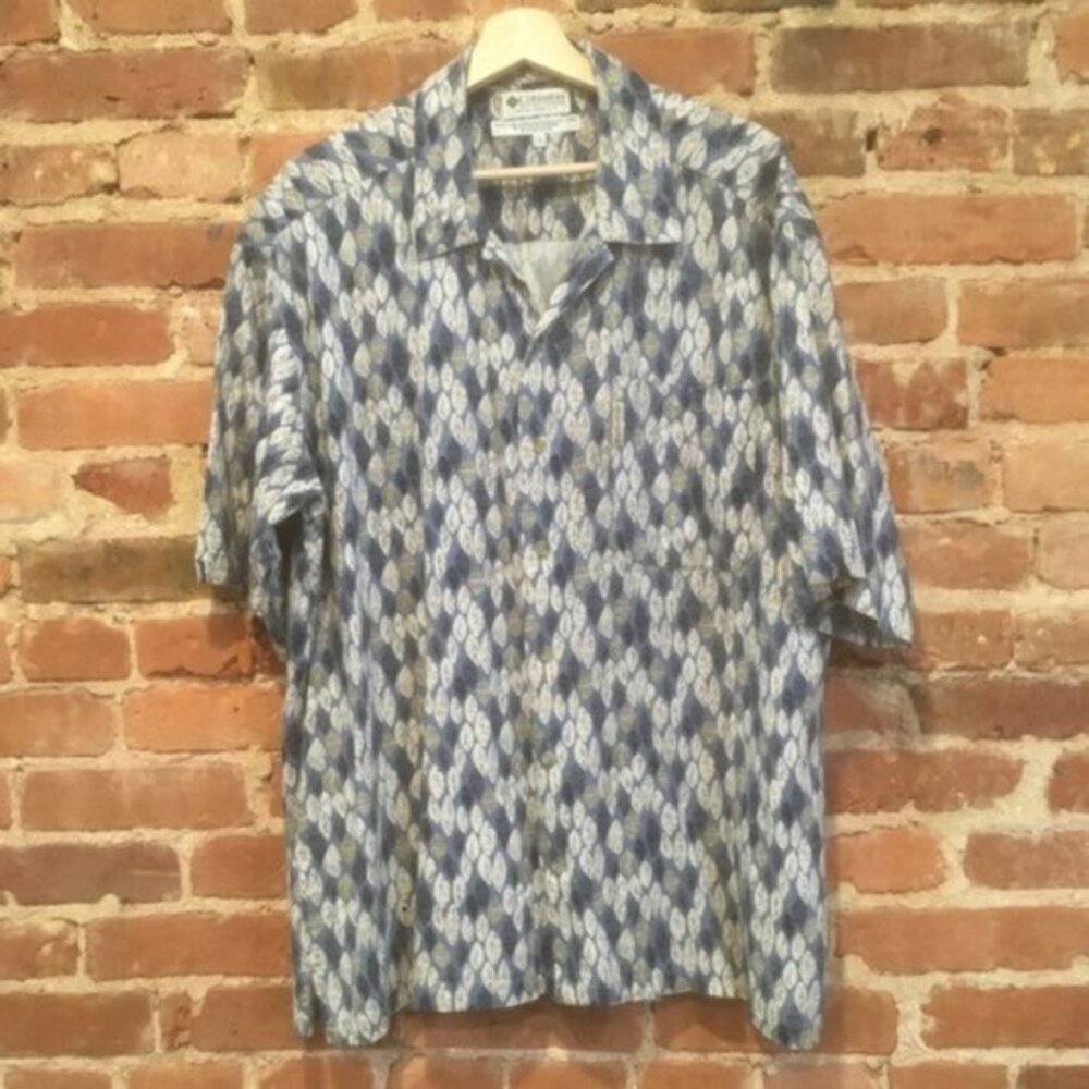Columbia Vintage Leaf Print Button Up Short Sleeve Shirt Linen Rayon Blend XL
